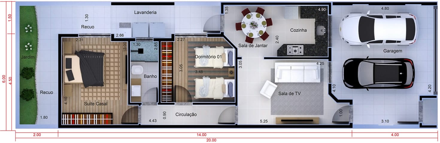 Planta de casa com cozinha fechada. Planta para terreno 6x20