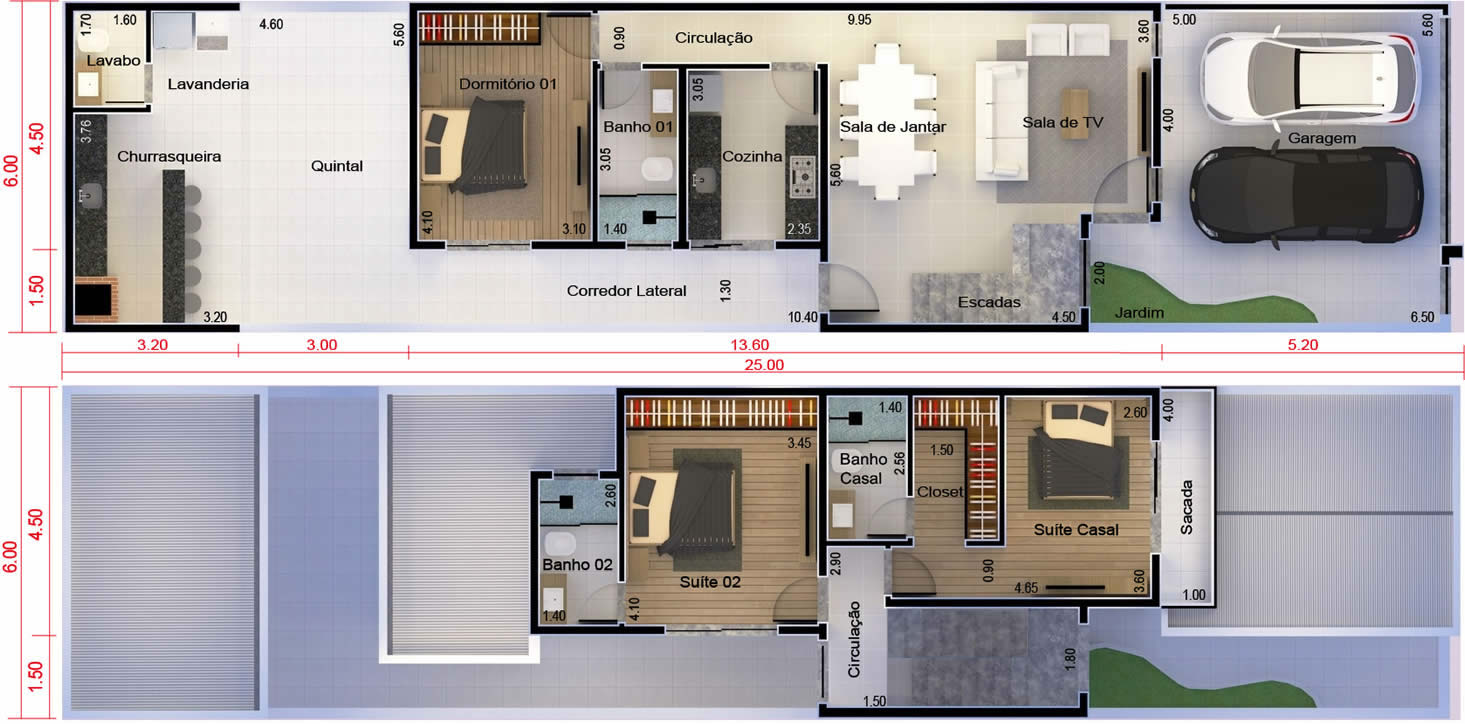 Planta de sobrado com quarto embaixo. Planta para terreno 6x25