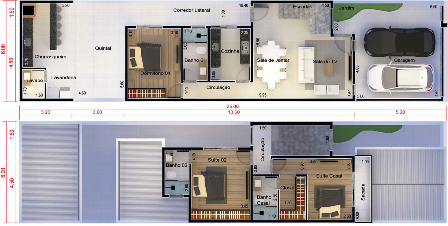 Planta de sobrado com quarto embaixo. Planta para terreno 6x25