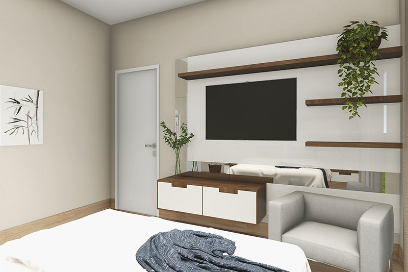 Quarto de casal com painel para TV