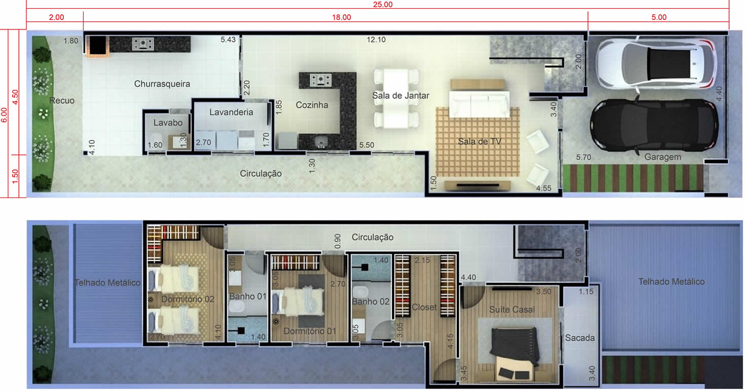 Planta de sobrado com sacada. Planta para terreno 6x25