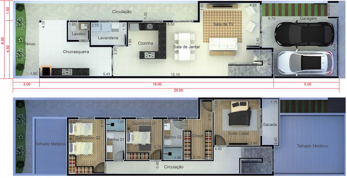 Planta de sobrado com sacada. Planta para terreno 6x25