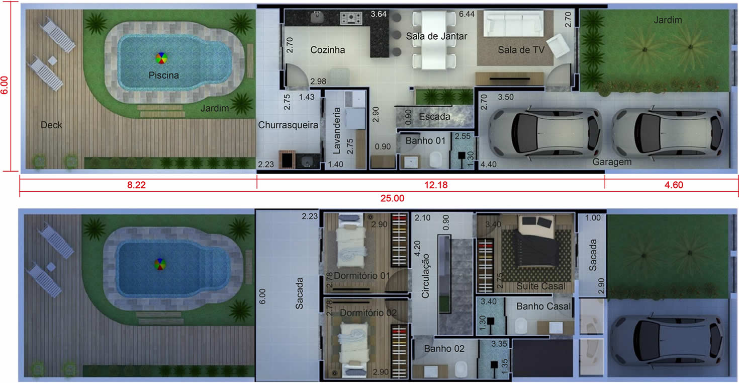Planta de sobrado pequeno e moderno. Planta para terreno 6x25