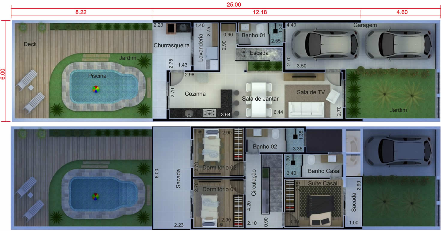 Planta de sobrado pequeno e moderno. Planta para terreno 6x25