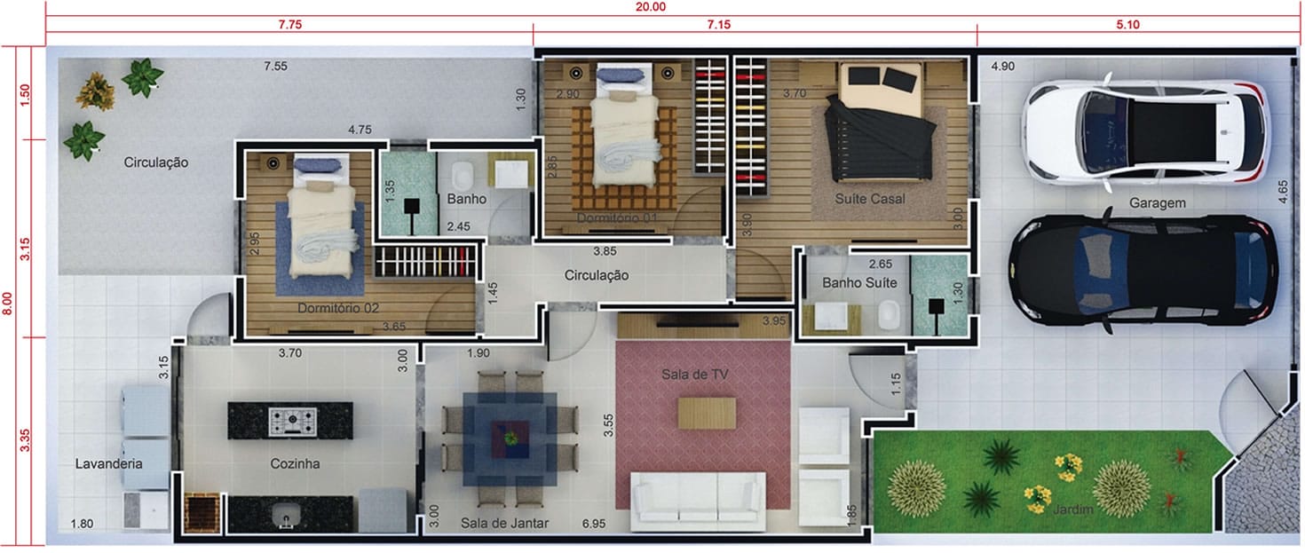 Projeto residencial com 3 quartos. Planta para terreno 8x20