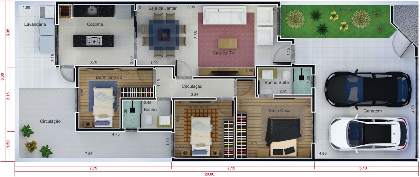 Projeto residencial com 3 quartos. Planta para terreno 8x20