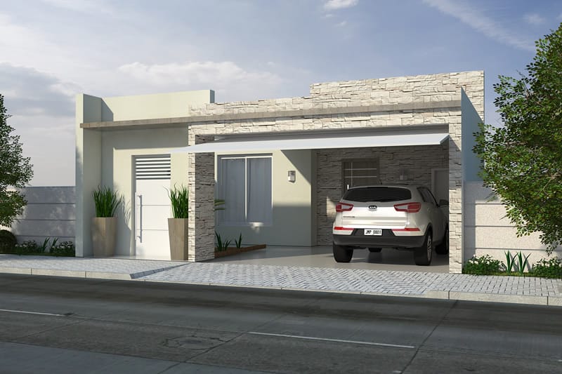 Fachada com revestimento e garagem