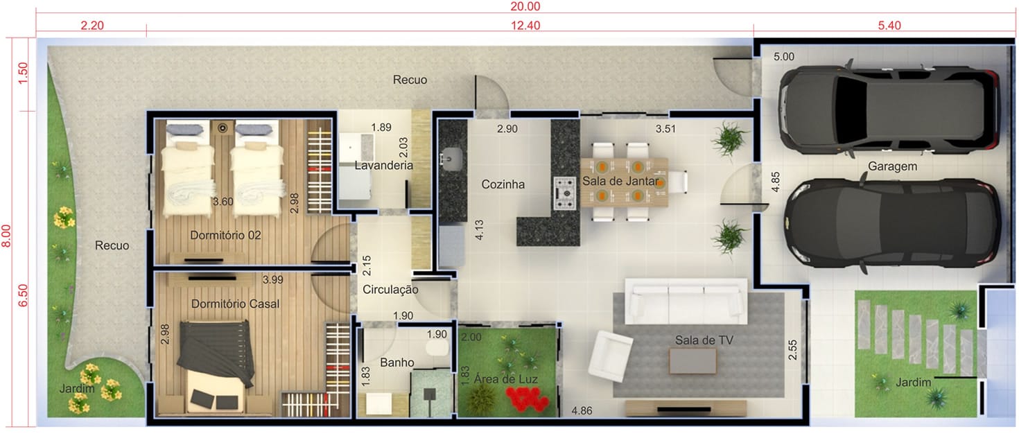 Planta de casa com cozinha americana. Planta para terreno 8x20